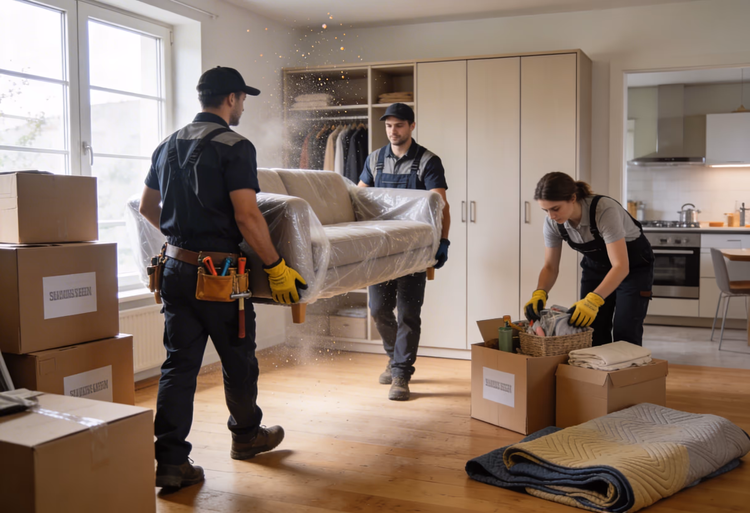 drei arbeiter einer entr mpelungsfirma transportieren eine in plastikfolie verpa