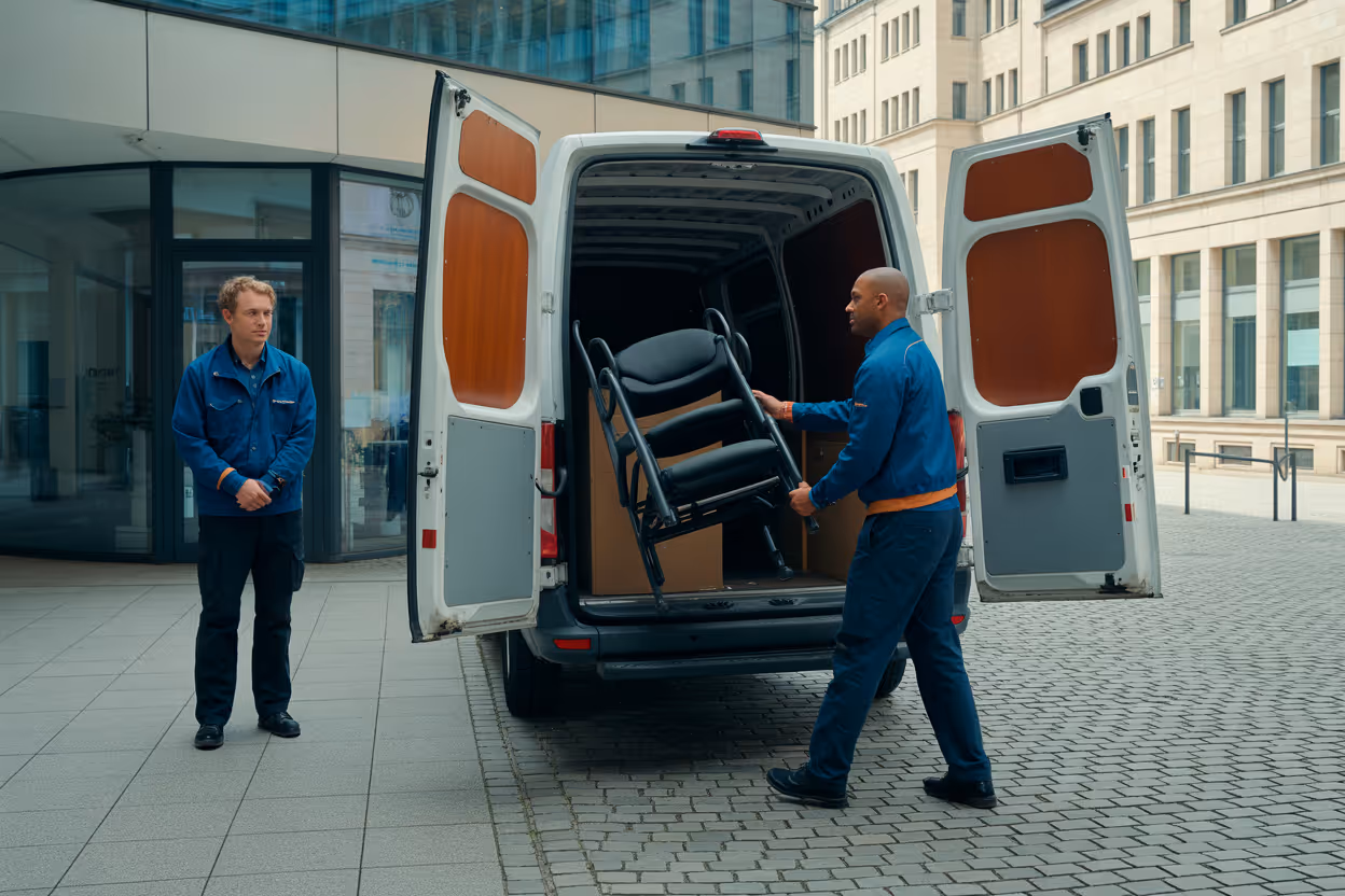 zwei arbeiter in blauen uniformen laden zusammen einen stuhl in ein wei es liefe
